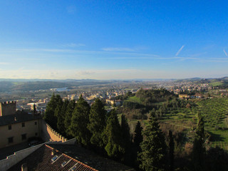 panoramic view of the tuscany landscape in winter sunny day under bright blue sky