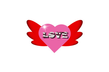 Love messages in pink heart shape with wings on a white background and the expression concept of love.