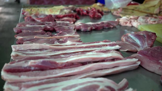 meat in flies on the market.  sitting on the meat. Unhygienic meat