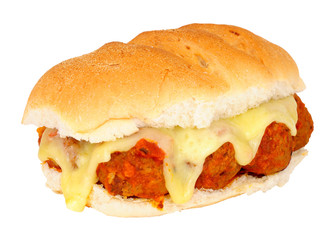 Meatball and melted cheese sandwich isolated on a white background