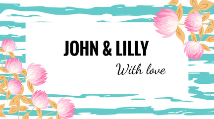 Vector greeting card template with Clover or trefoil flowers and leaves on the hand drawn blue stripes background. Inspirational quote poster, greeting card, apparel design