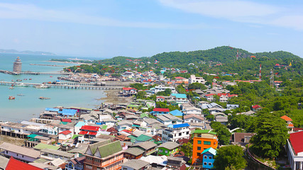Panoramic view of Chumphon estuary Fishing Village with cloudy sky ,Thailand. Fishing is the main occupation for the villagers,industrial landscape, top view the horizon of the sea