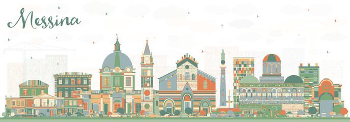 Messina Sicily Italy City Skyline with Color Buildings. - obrazy, fototapety, plakaty
