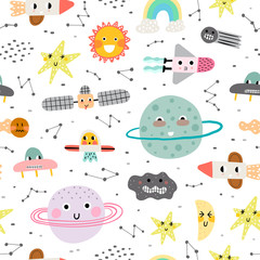 Joli modèle sans couture avec planète, étoile et fusée. Illustration vectorielle pour les enfants. Fond de vecteur pour enfants à la mode.