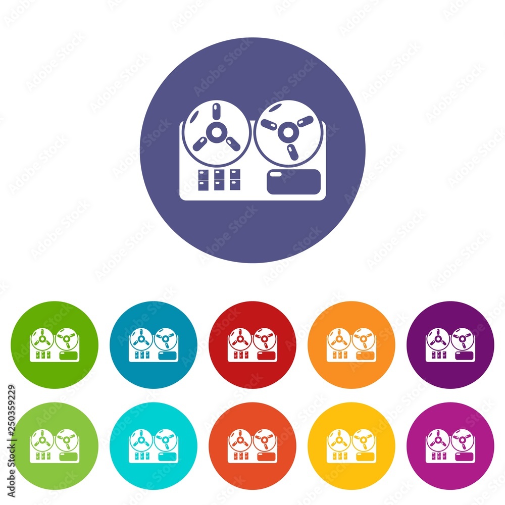 Poster reel tape recorder icons color set vector for any web design on white background