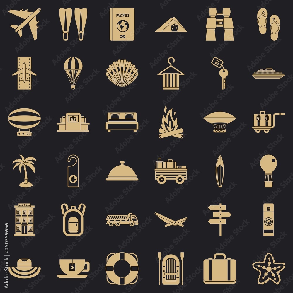 Poster travel time icons set. simple style of 36 travel time vector icons for web for any design