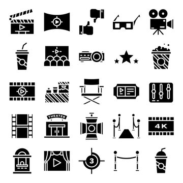 Cinema icons pack. Isolated cinema symbols collection. Graphic icons element