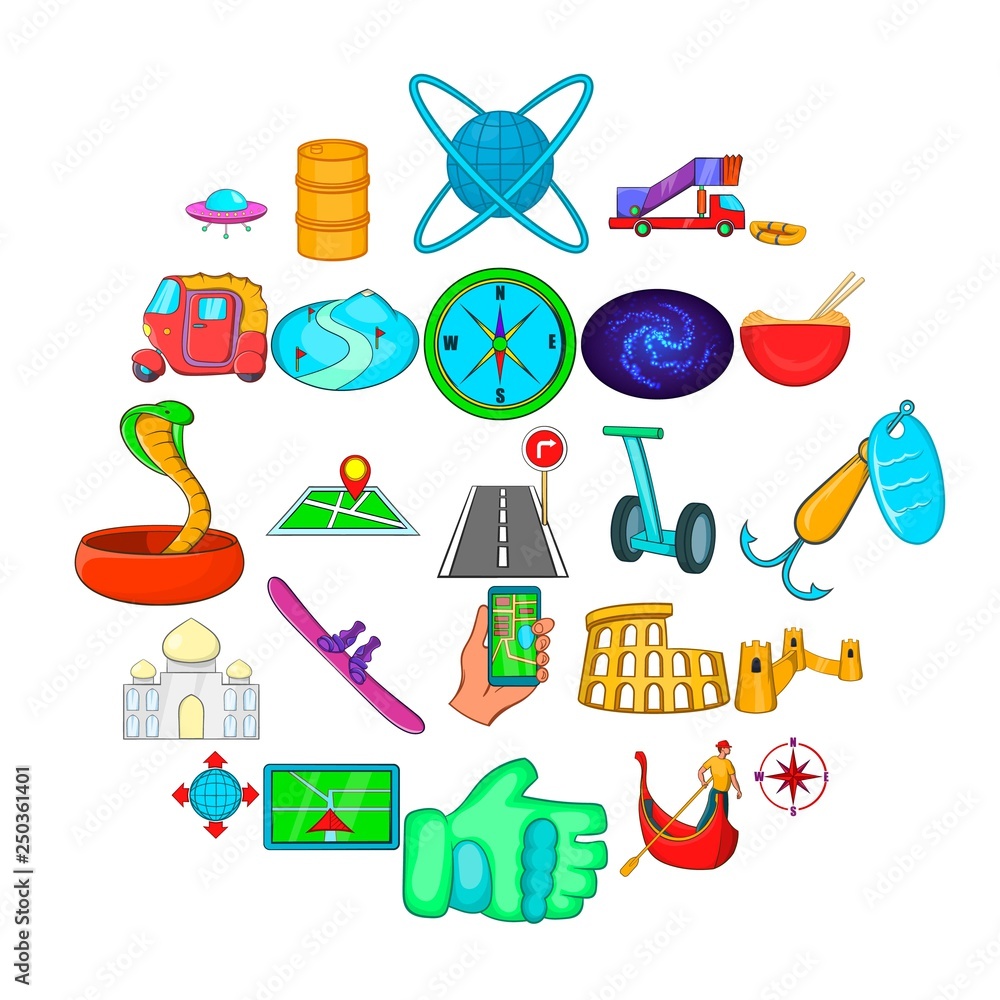 Poster adventure style icons set. cartoon set of 25 adventure style vector icons for web isolated on white 