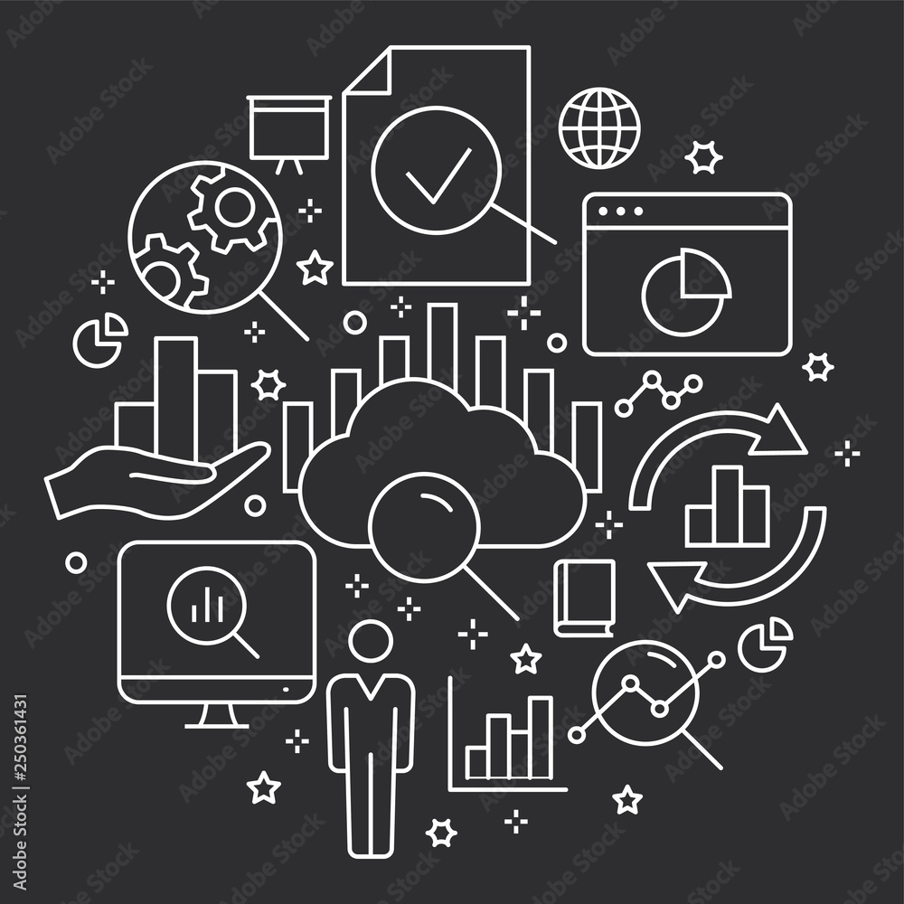 Aufkleber data analysis circle template flat outline icons.