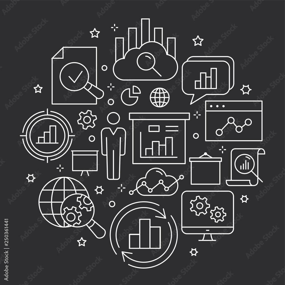 Aufkleber data analysis circle template flat outline icons.