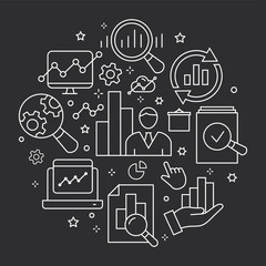 Data analysis circle template flat outline icons.