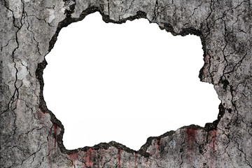 Bloody background scary on damaged grungy crack and broken concrete wall on white, concept of...