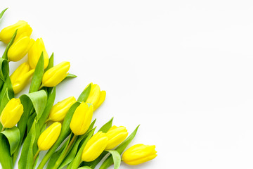 Spring flowers. Yellow tulips on white background top view copy space border