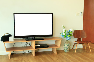 White screen on television in living room for create advertise 