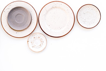 Mockup with plates. Empty ceramic plates on white background top view copy space