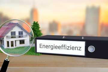 Energieverbrauch eines Hauses. Akten-Ordner beschriftet mit dem Wort Energieeffizienz liegt neben einem Haus-Modell mit Lupe auf einem Schreibtisch. Skyline einer Stadt im Hintergrund. - obrazy, fototapety, plakaty
