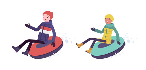 Young man and woman in down jacket enjoy outdoor entertainment, tubing leisure activity, snow riding with fun, wearing winter clothes. Vector flat style cartoon illustration isolated, white background