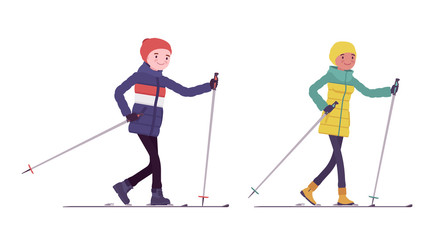 Young man and woman in down jacket enjoy travelling over snow on skis, sport leisure activity, skiing with fun in warm winter clothes. Vector flat style cartoon illustration isolated, white background