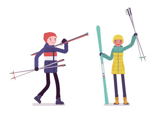 Young man and woman in down jacket holding skis, fun and sport leisure activity, walking after skiing, wearing warm winter clothes. Vector flat style cartoon illustration isolated, white background