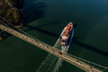 Cargo ship sailing underneath a suspension bridge