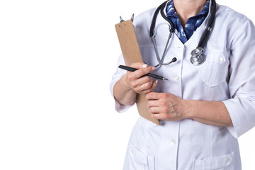 Medicine and healthcare concept. Doctor with stethoscope in clinic, close-up