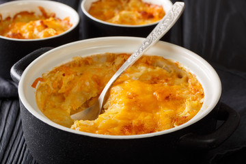 potato gratin baked with sour cream, onions and cheddar cheese close-up in a pan. horizontal