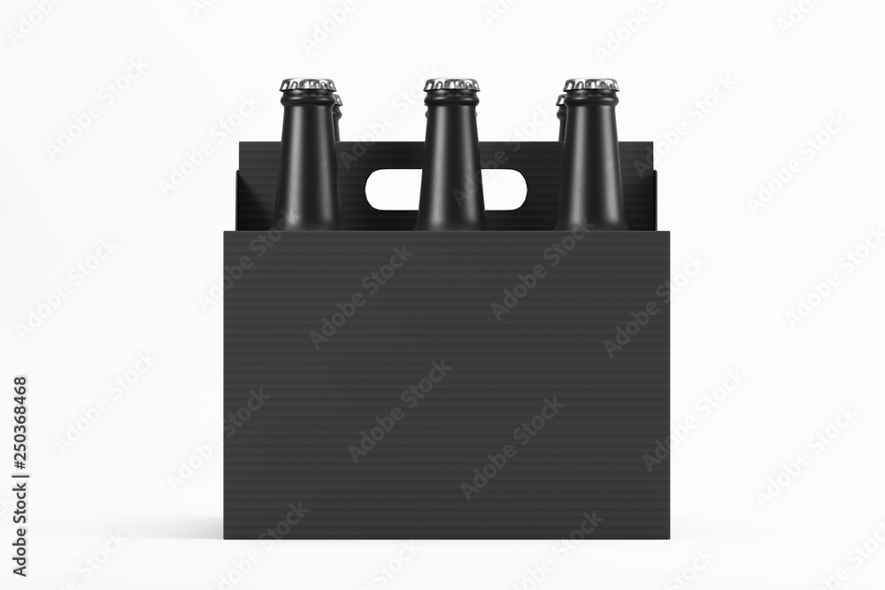 Poster black cardboard box filled with frosted glass bottles for drinks on a light background. mock up. 3d 