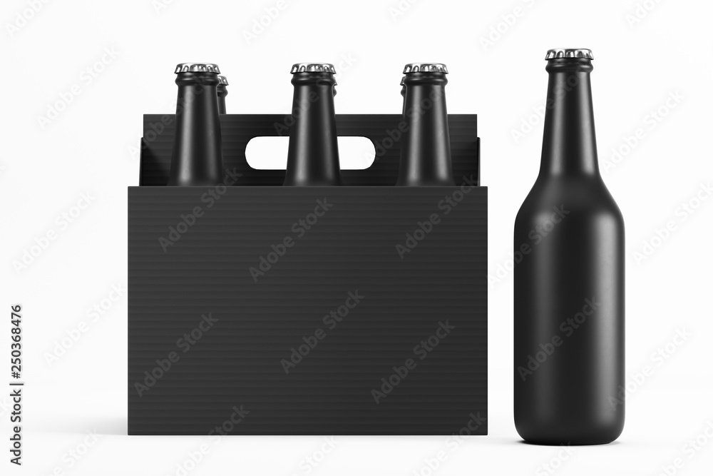 Fototapete glass matte black bottles in cardboard box on white background with reflection. one black frosted bo