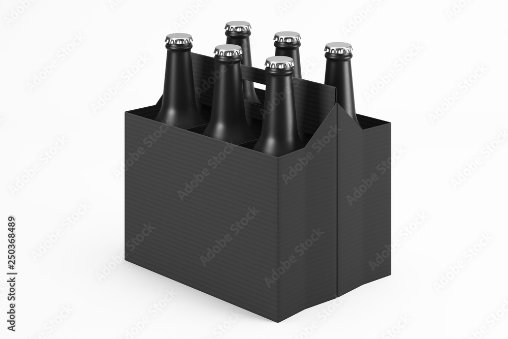 Aufkleber cardboard box filled with black frosted glass bottles for drinks on a light background. side view. m