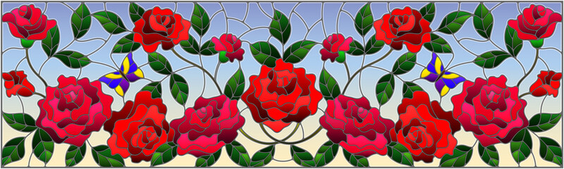 Naklejki  Ilustracja w stylu witrażu z kwiatami, motylami i liśćmi róży na tle nieba