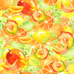 Vintage seamless pattern with watercolors - from tropical fruit, citrus spray, lemon, orange, lime, mango fruit, paint splash. Bright fashionable background. Citrus Tropical Fruit Watercolor