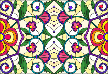 Illustration in stained glass style with abstract  swirls,flowers and leaves  on a yellow background,horizontal orientation