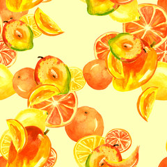 Vintage seamless pattern with watercolors - from tropical fruit, citrus spray, lemon, orange, lime, mango fruit, paint splash. Bright fashionable background. Citrus Tropical Fruit Watercolor