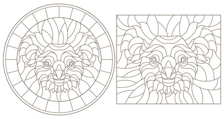 Set of contour stained glass illustrations with koala  bear head, round and square image, dark outline on white background