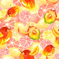 Vintage seamless pattern with watercolors - from tropical fruit, citrus spray, lemon, orange, lime, mango fruit, paint splash. Bright fashionable background. Citrus Tropical Fruit Watercolor