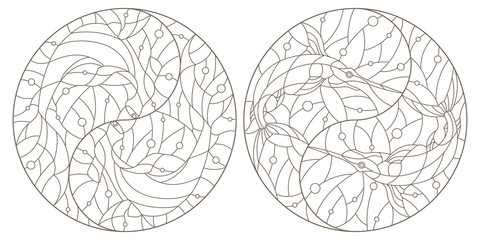 Set of contour illustrations of stained glass Windows with fish in the sign Yin Yang, fish hammer and fish sword, dark contours on a white background