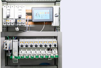Close up detail electric device and control circuit in box for industrial with copy space
