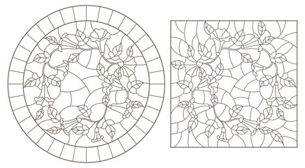 Set of contour illustrations of stained glass Windows with curly colors, round and rectangular image, dark contours on a white background