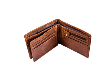 Opened brown leather wallet isolated on a white background