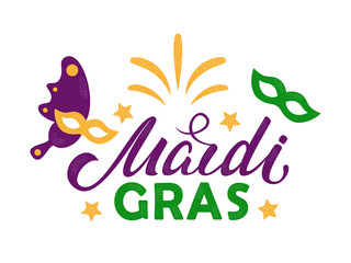 Mardi Gras purple and green text with masquerade masks and fireworks. American New Orleans Fat Tuesday poster, greeting card. Sidney Mardi Gras parade. Carnival lettering. Vector illustration.