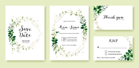 Greenery wedding Invitation, save the date, thank you, rsvp card Design template. Lemon leaf, silver dollar, olive leaves, Ivy plants.