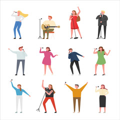 A set of people singing in various poses. flat design style minimal vector illustration