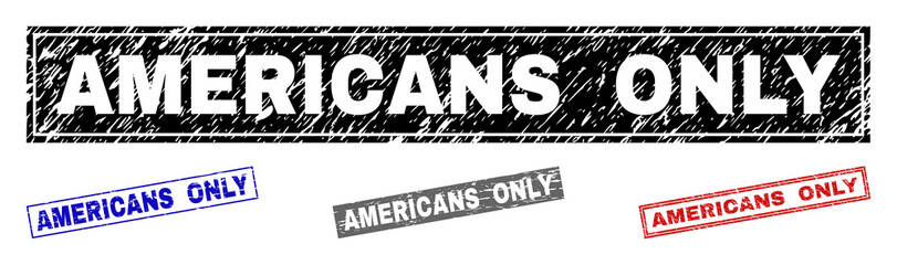 Grunge AMERICANS ONLY rectangle stamp seals isolated on a white background. Rectangular seals with distress texture in red, blue, black and gray colors.