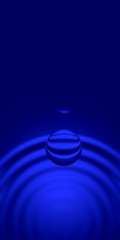 Blue vertical background illustration - flying drop of water and waves.