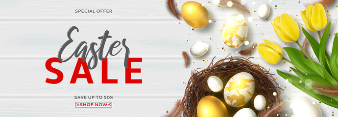 Holiday banner for Easter sale. Beautiful banner with realistic white and gold Easter eggs, yellow tulips, sparkling golden confetti, nest and feathers. Festive vector illustration.