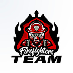 Colorful emblem, sticker, badge, logotype of a firefighter in a gas mask. Rescue unit, protective equipment, uniform, fire, service, shield, lettering. Vector illustration, printing on T-shirts