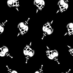 SKULL WITH DAGGER SEAMLESS PATTERN BLACK BACKGROUND