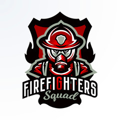 Colorful emblem, sticker, badge, logotype of a firefighter in a gas mask. Rescue unit, protective equipment, uniform, fire, service, shield, lettering. Vector illustration, printing on T-shirts