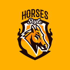Colorful emblem, badge, logo, horse head. Stallion, animal, pony, sports club, shield, lettering. Vector illustration