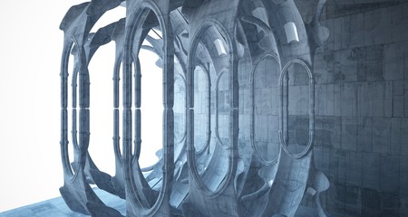 Abstract  concrete gothic interior with neon lighting. 3D illustration and rendering.